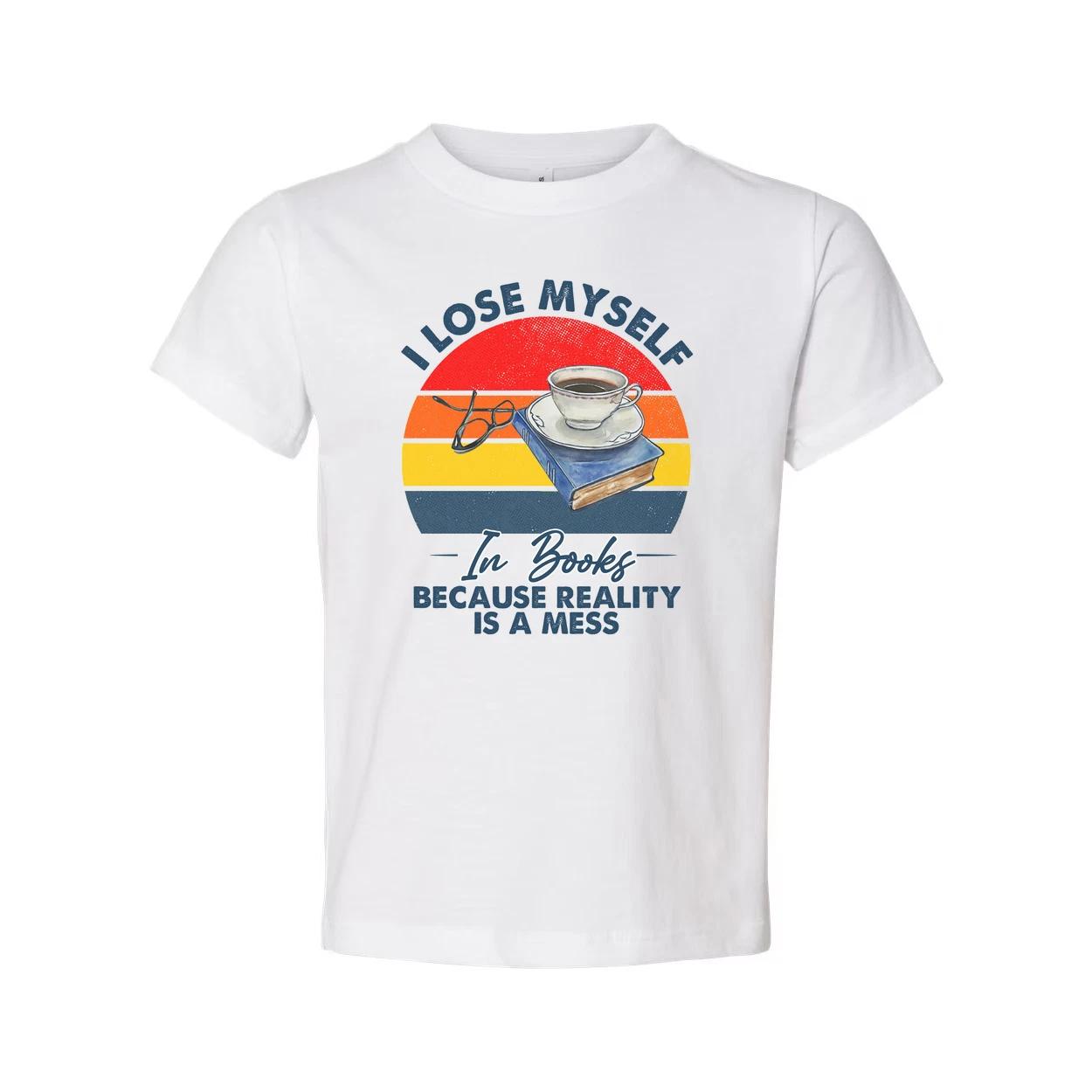 

I Lose Myself In Books Graphic Tee Unisex With Coffee Cup Stacked Books And Retr XL
