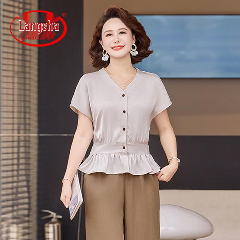 Langsha Women s Summer V-Neck Short Sleeve Top & Shirt Set 3XL
