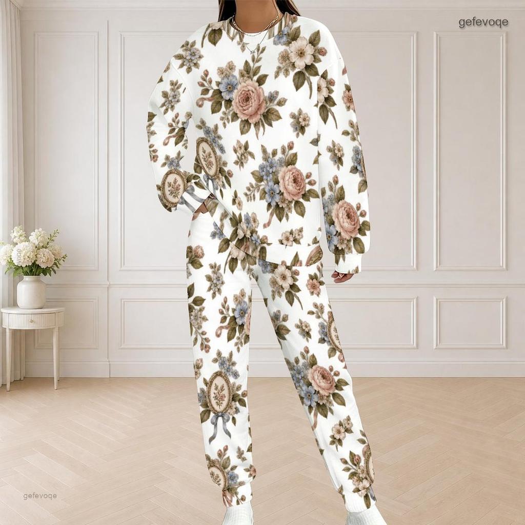 Women Plus Size Floral Printed Round Neck Long Sleeve Top And Long Pants Set