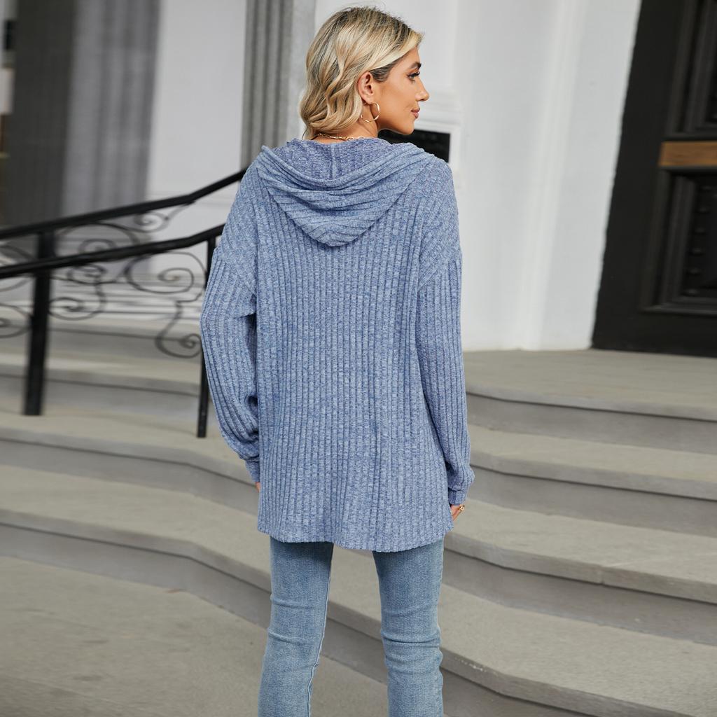 Autumn and Winter Women's Solid Colour Plus Size Hooded Button Loose Long Sleeve Sweatshirt