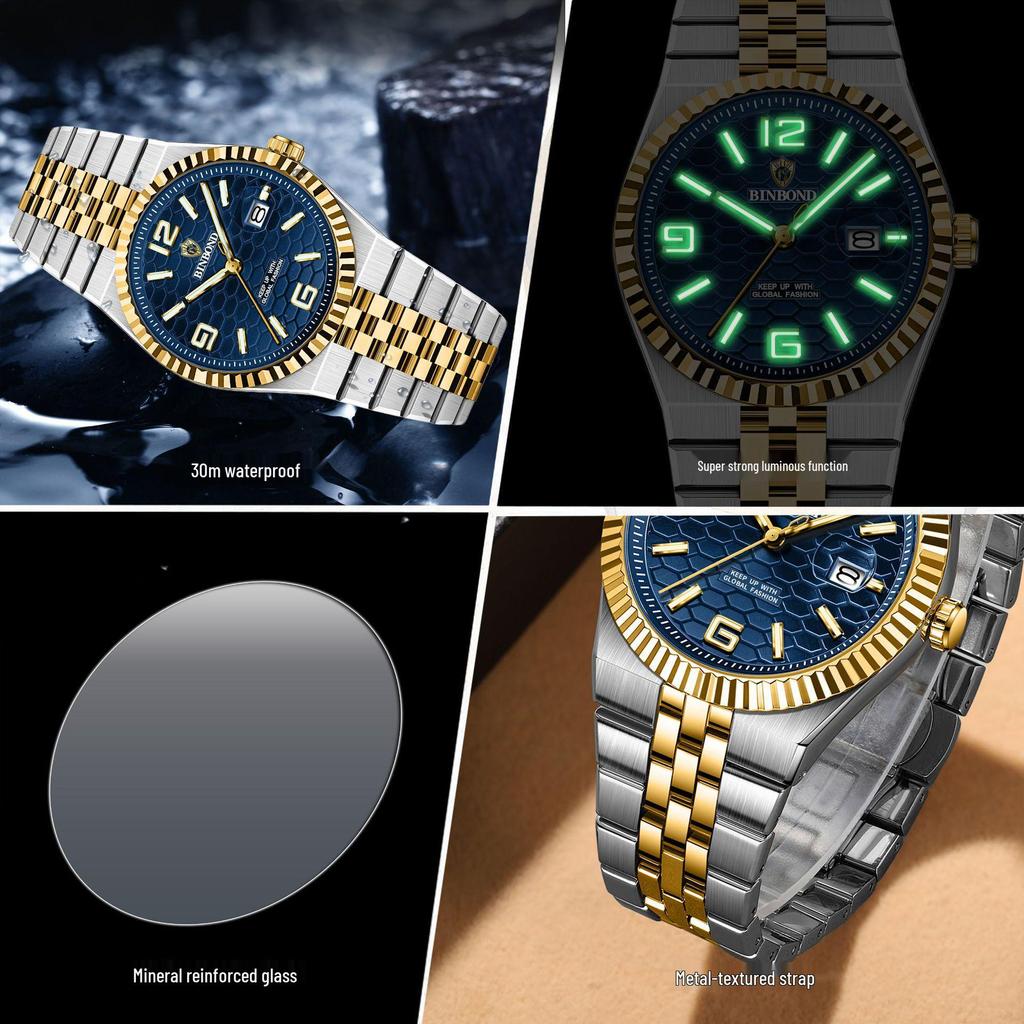 Binbang BINBOND Men's Luminous Waterproof Watch with Calendar and Large Dial