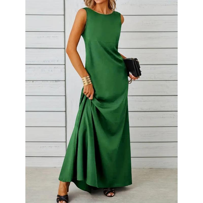 Spring and Summer Elegant and Pure-colored Round-neck Short-sleeved Resort-style Women's Dresses