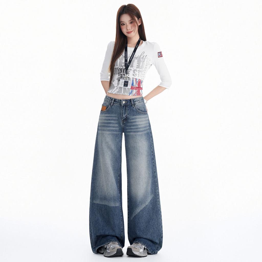 Retro American Jeans Women's Autumn Old Crease New Loose High Waist Skinny Versatile Mopping Wide Leg Pants Tide
