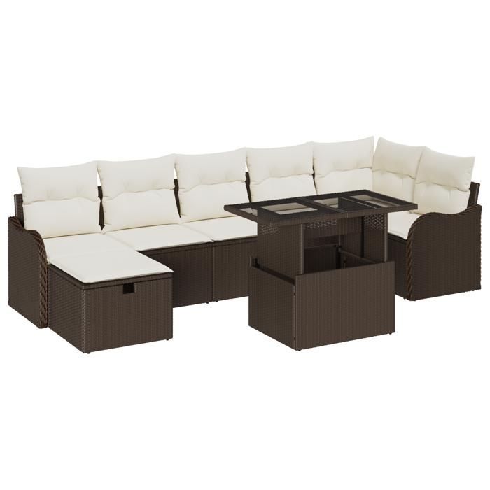Ensemble de Canapés de Jardin 8 Pièces avec Coussins Marron Poly Rattan, Canapé de Jardin 2 Places avec Coussins Marron Poly 3359725