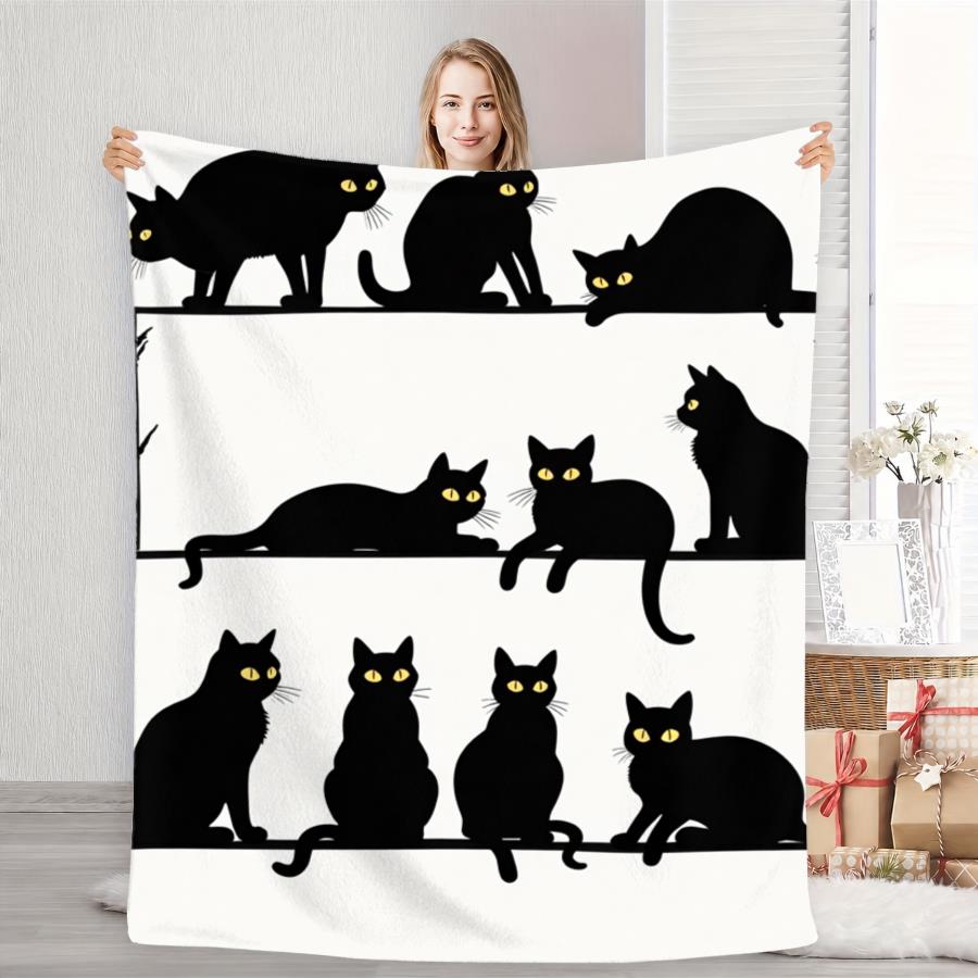 Multiple Black Cat Silhouette Yellow?eyes Print Soft Flannel Throw Blanket Warm Cozy Light?weight Blanket For Sofa Bed