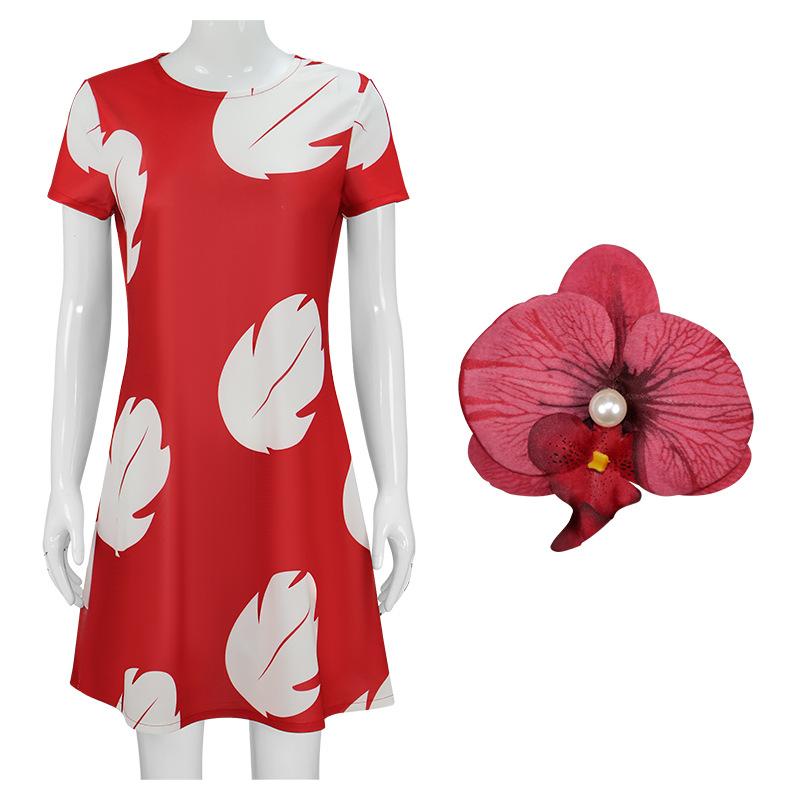 Anime Lilo Cosplay Costume Pelekai Red Dress Brooch Outfits Halloween Carnival Party Role Play Uniform For Women