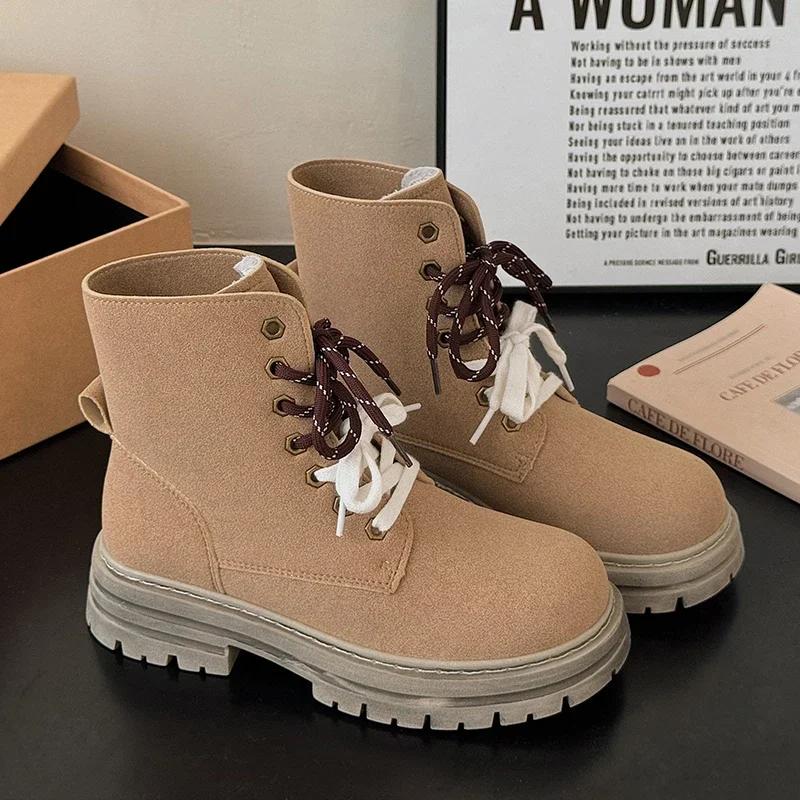 Neue Stiefel im britischen Stil, Damenschuhe, Herbst, neue lässige Schnürstiefel für Damen, hohe Stiefel, rutschfeste, dicke Sohle, Outdoor-Wanderstiefel