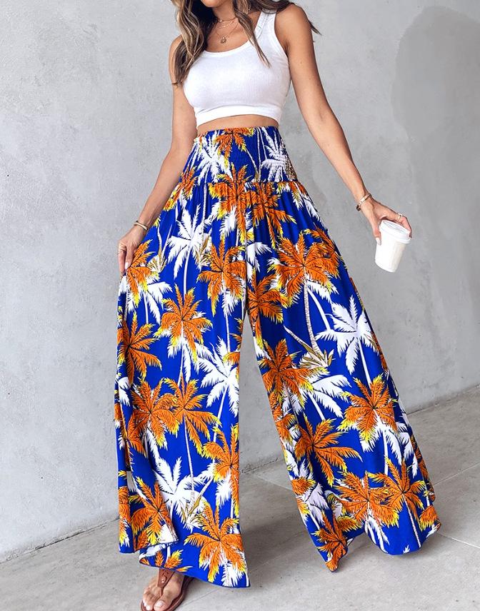 2024 Retro Floral Print Waist-Cinching Wide-Leg Pants for European and American Women