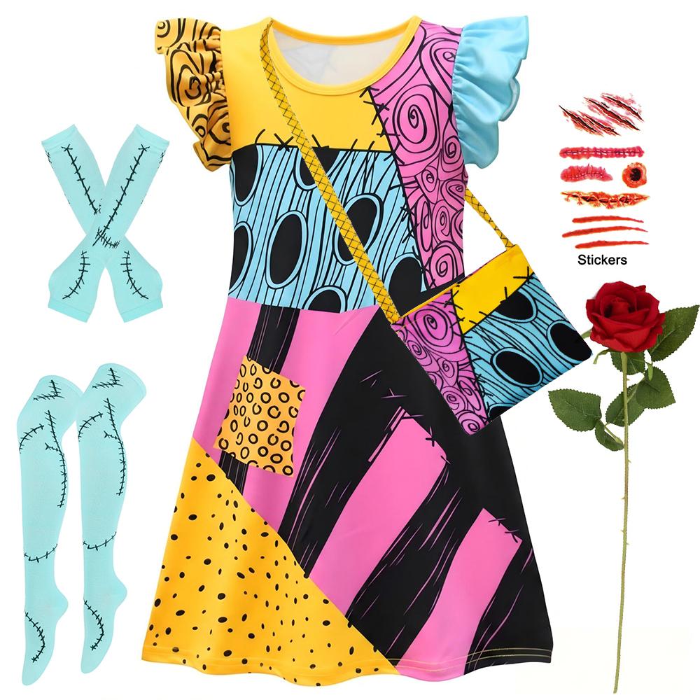 Girls Sally Cosplay Dress The Nightmare Before Christmas Print Gothic Outfit Halloween Carnival Fancy Stage Party Horror Costume