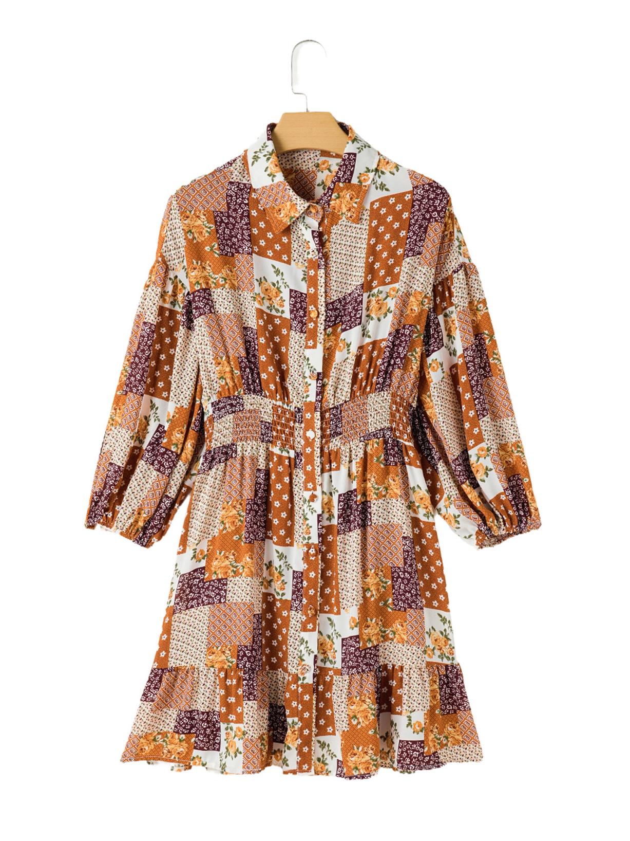 

Shiying Autumn High-Waist Knee-Length Color Block Print Dress with Long Sleeves and Ethnic Style. Extra Large