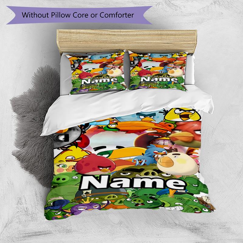 3pcs Duvet Cover Set (1*Duvet Cover + 2*Pillowcase, Without Core), Custom Name Angry Birds Pattern Bedding Set, Home Bedroom Decor Gift