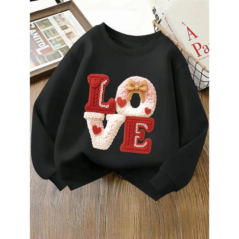 Kids Crewneck Sweatshirt, Knitted Love Letter Heart Print, Soft Comfort Long Sleeve Pullover