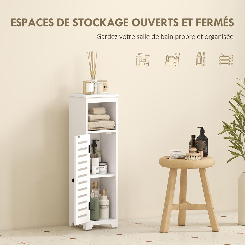 Bathroom Floor Cabinet, Bathroom Storage Unit with Louvered Door, Open Shelf, Adjustable Shelf, White, 22 x 20 x 75 cm