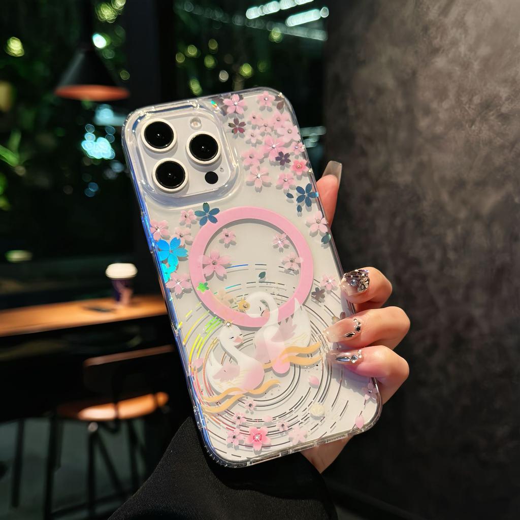 For IPhone 17 ProMax Laser Color Change N52 Magnetic Phone Case for Apple 16 Transparent Cherry Blossom Protective Cover