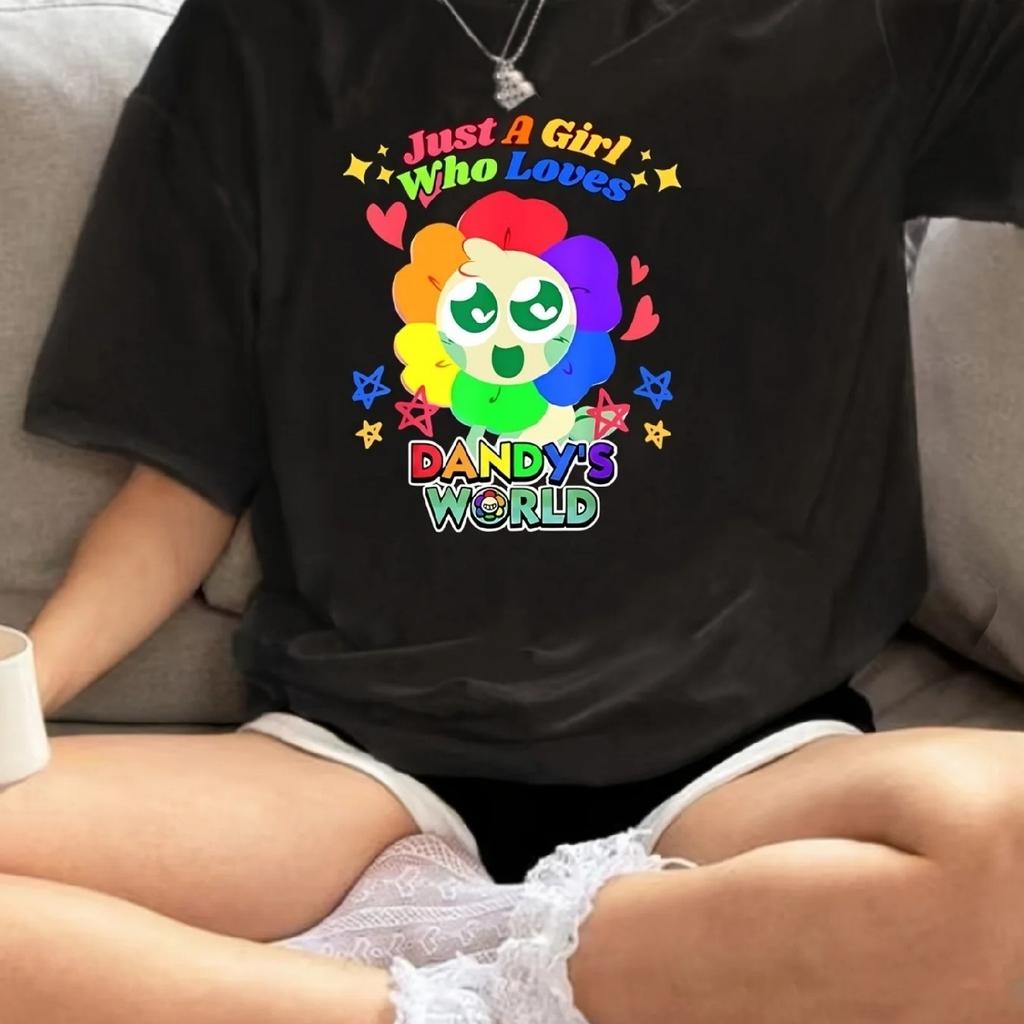 Just a Girl Who Loves Dandys World Pattern T-shirt - Women's Summer Casual T-shirt White Polyester Blended Short Sleeve Top