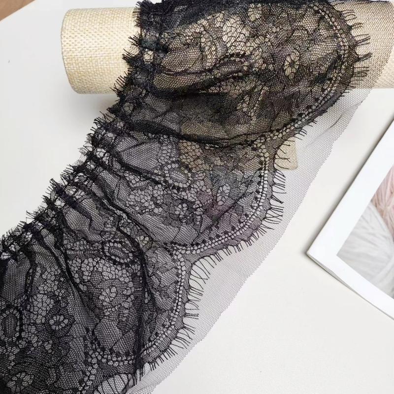 Black Double Pleated Tulle Embroidered Eyelash Lace Fabric DIY Evening Dress Skirt Cuff Curtain Hem Swimsuit Sewing Accessories