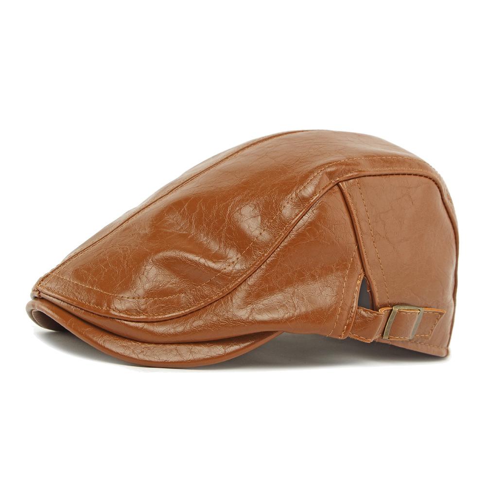 Autumn Winter Hat Men's PU Leather Beret British Retro Forward Hat Warm Peaked Cap