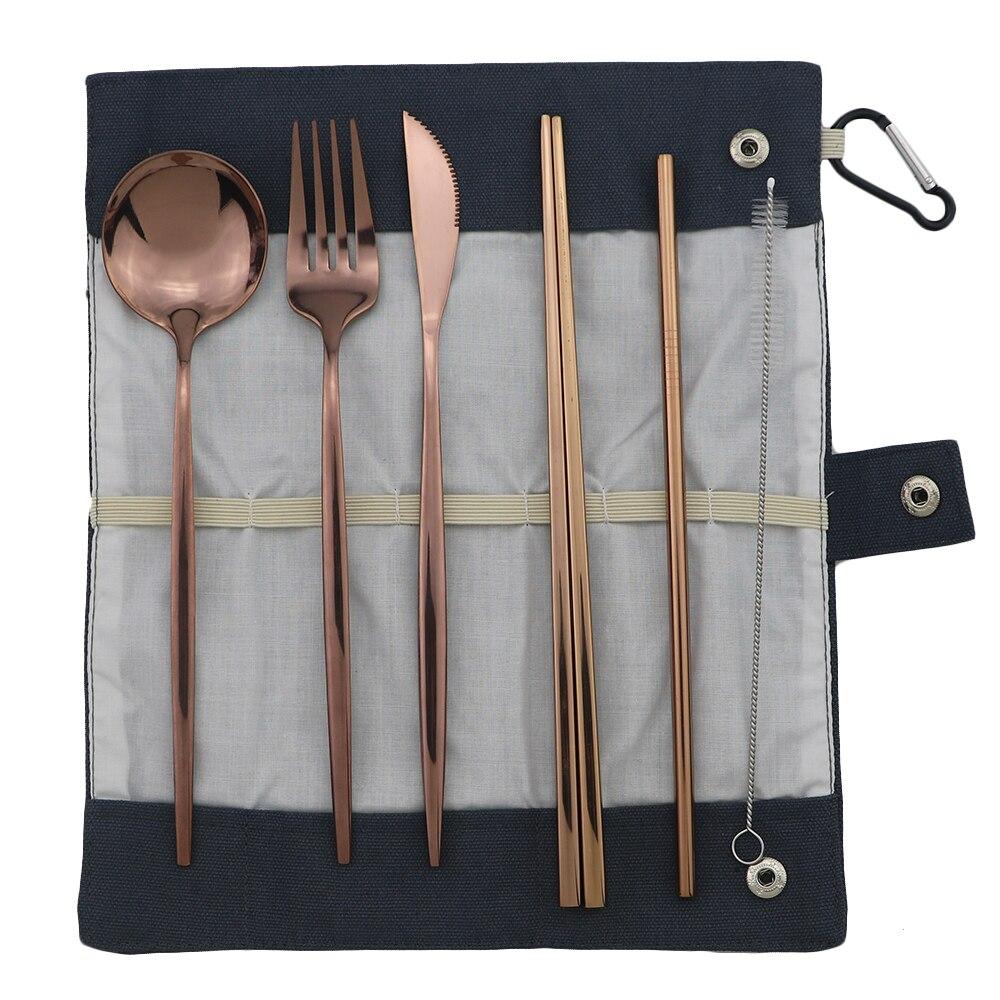 Rose Storage Bag Portable Dinnerware Set Stainless Steel Set Knife Fork Spoon Chopsticks Straw Travel Camping BBQ Dinnerware Set