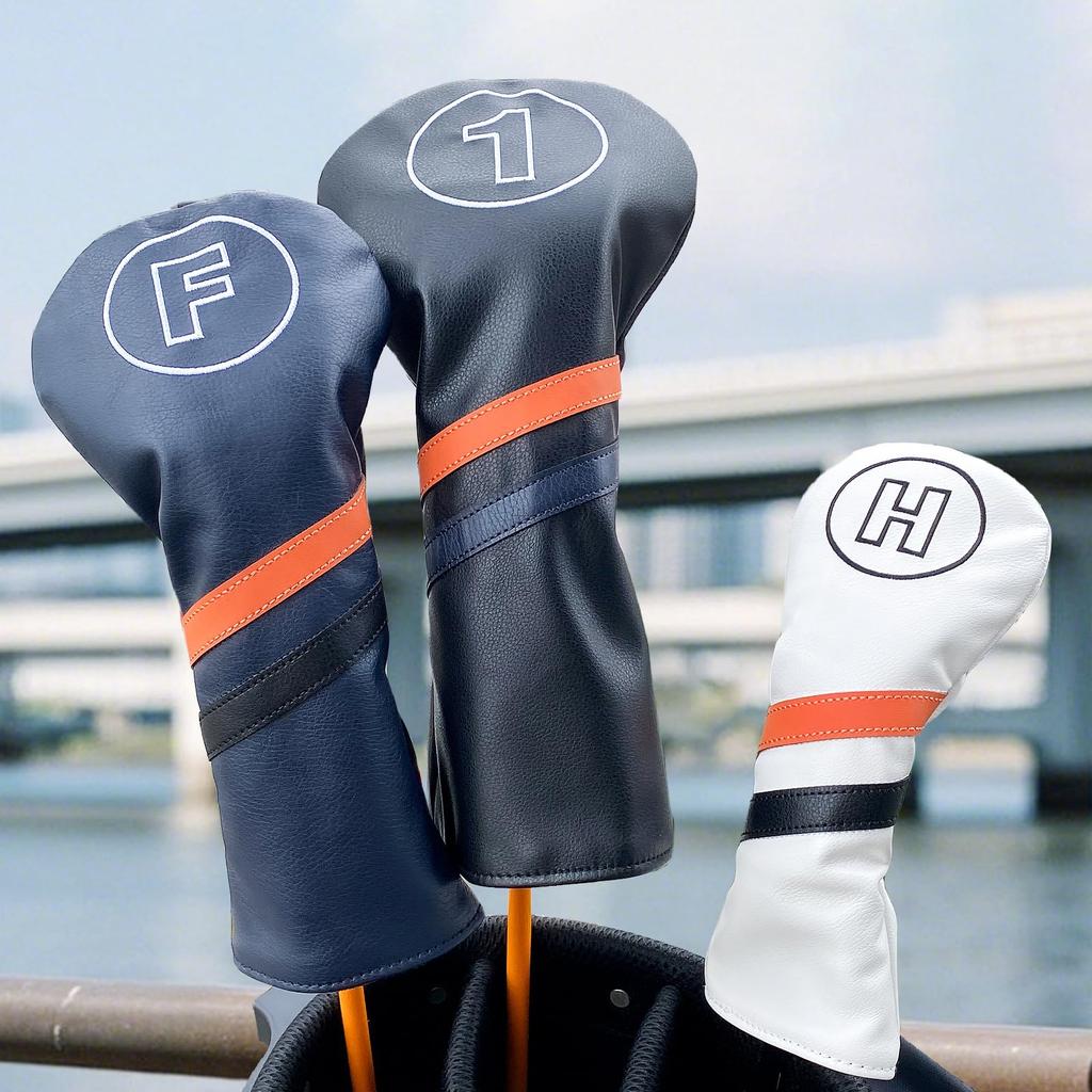 Waterproof Golf Headcovers for Utility and Fairway Woods 440cc Single Solid Dark 1 (460cc, Drivers), Set, (Orange Line) (White, FW)