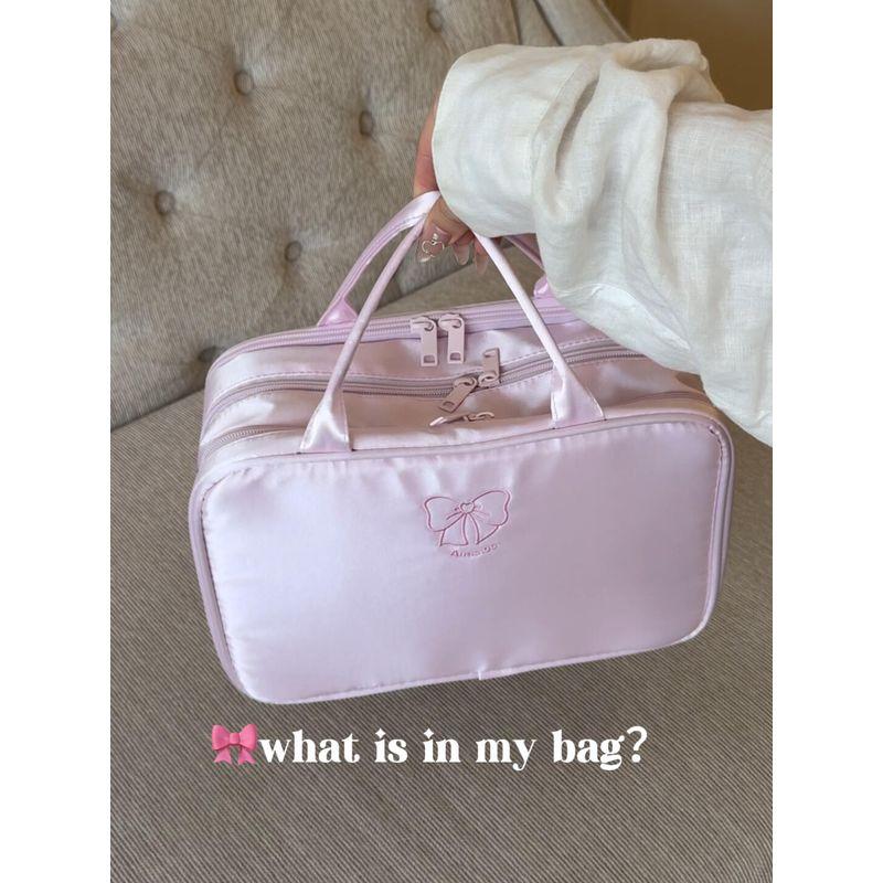 

Cute Bows Embroider Cosmetic Bag Young Adult Heart Large Capacity Wash Bag Short Trip Business Trip Partition Cosmetics Bag Pink