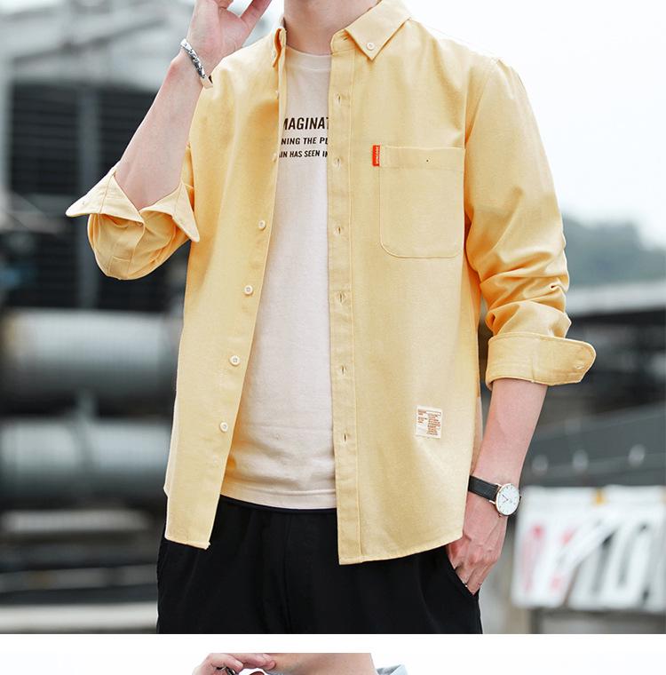 Men's Solid Color Oxford Cotton Yellow Button-Down Long Sleeve Shirt for Spring/Autumn Layering