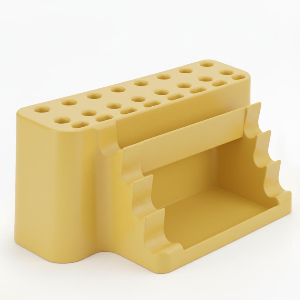 Paint brush organizer, yellow stand with tray, 26 places
