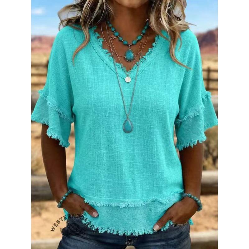 TIFICY Women's Fashion Casual Summer Spring Solid Color Print Short Sleeve V-Neck Blouses & Shirts