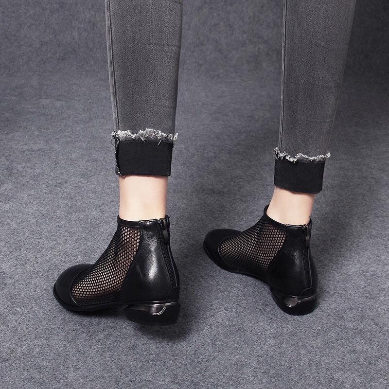 Summer new black first-layer cowhide mesh boots round head comfortable flat-soled women's shoes breathable mesh Roman cool boots