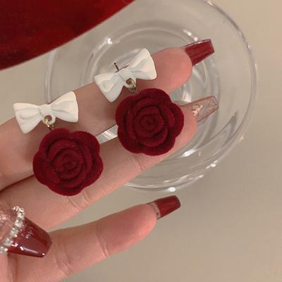 Autumn Winter Vintage Temperament Bow Japanese Korean Niche Red Flocking Rose Earrings Jewelry Gift