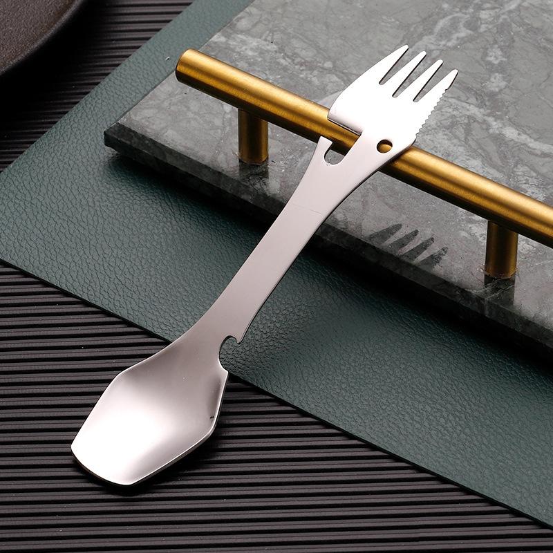 Hiking Picnic Outdoor Multifunctional Portable Stainless Steel Fork Spork Spoon Tableware Bottle Opener Spoon