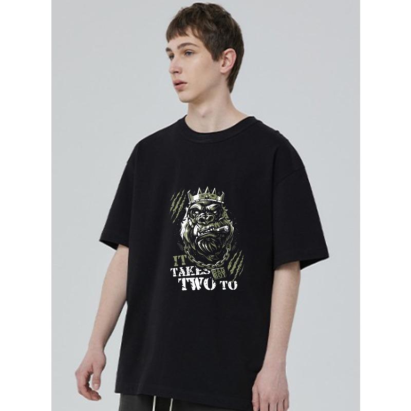 Crew Neck T Shirt Black Gorilla King With Crown And Cigar It Takes Two To Tattoo Style Graphic Streetwear Fashion For Casual Outfits