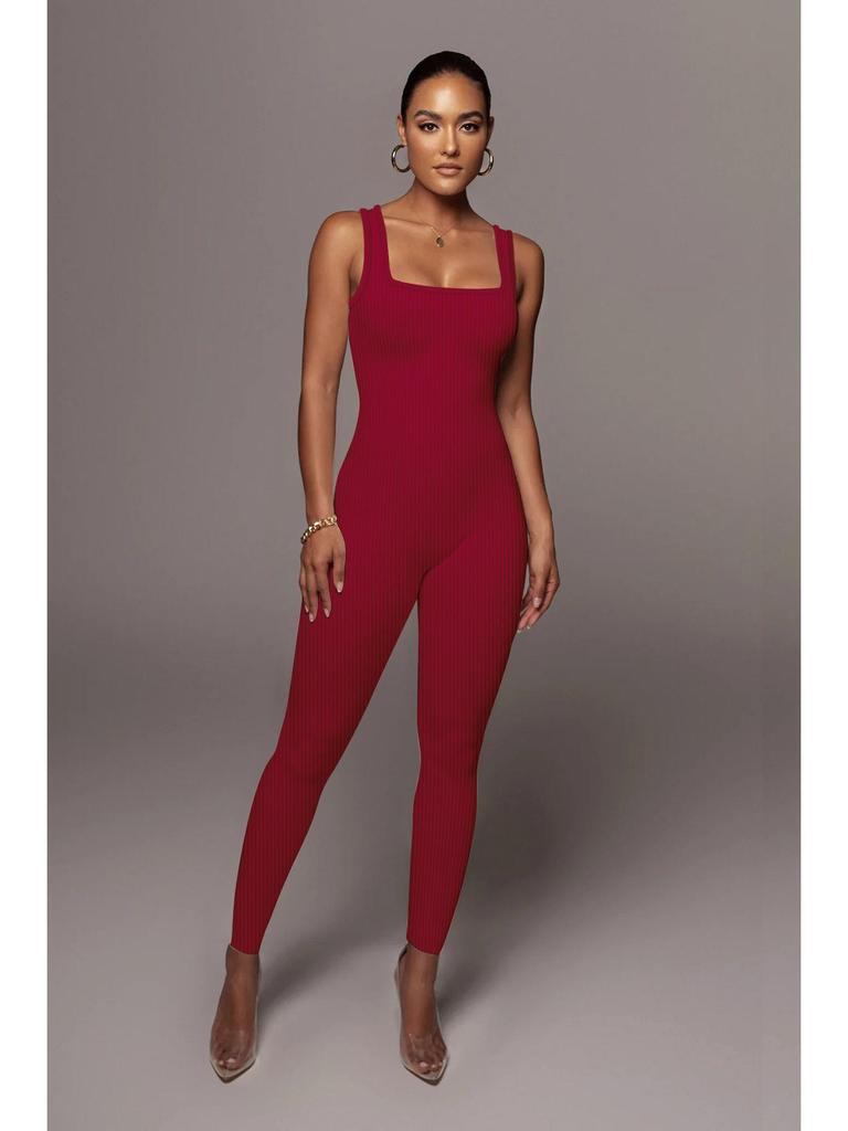 Women's Solid Color Ribbed Sleeveless Bodysuit: Square Neck, Backless, Hip-Lifting Slim-Fit Jumpsuit