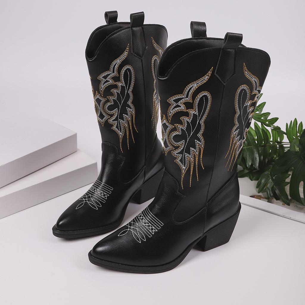 Direct supply of new embroidered Martin boots thick heel medium boots European and American style, knight, western cowboy boots