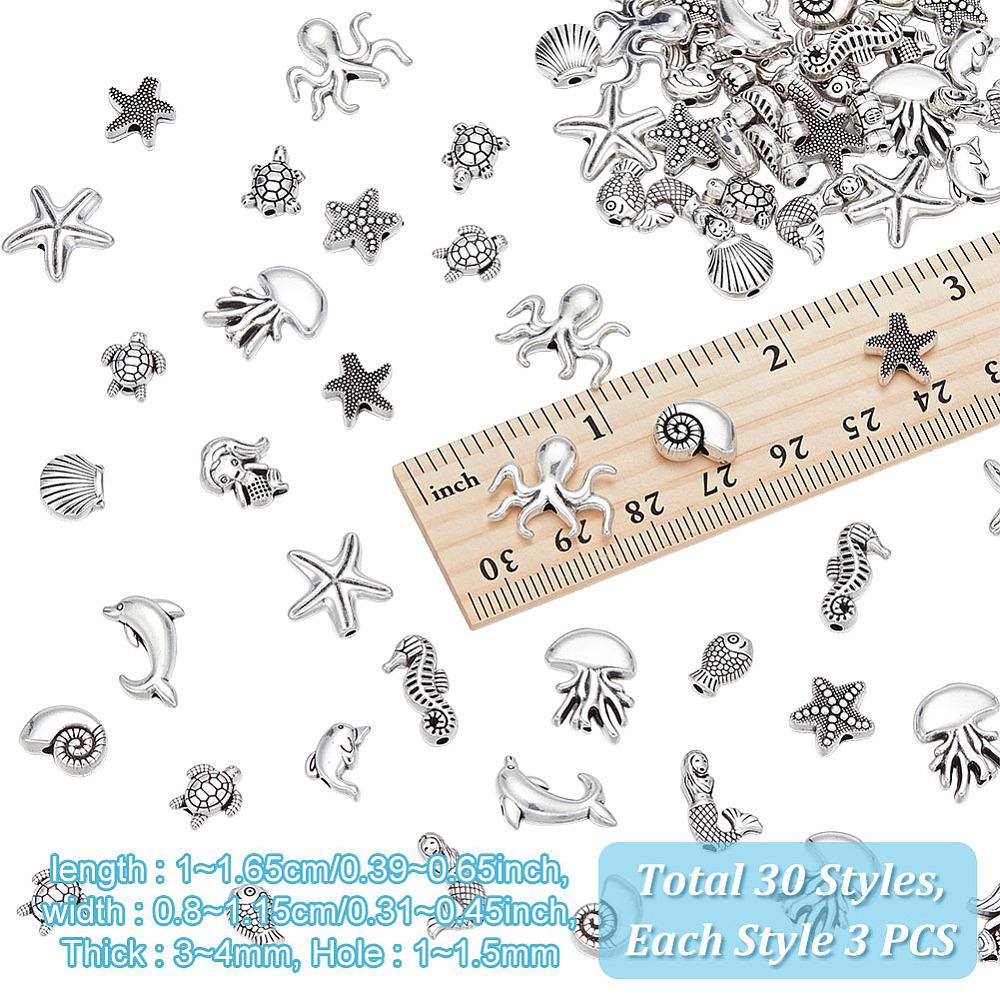 3 Bags Ocean Tibetan Style Alloy Beads, Sea Animals, Antique Silver, 10~16.5x8~11.5x3~4mm, Hole: 1~1.5mm, 30pcs/bag