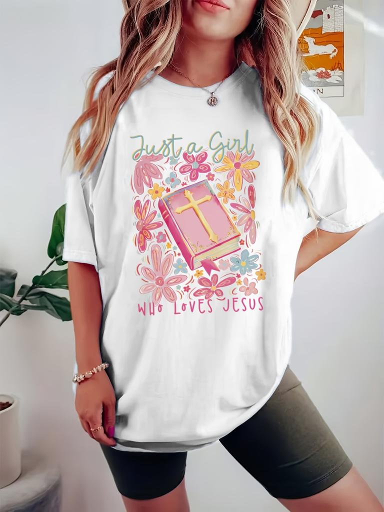 European size [Jesus Floral T-Shirt] Just a Who Loves Jesus - Christian Faith T-Shirt for Women, Casual Short Sleeve Tee with Floral Designs