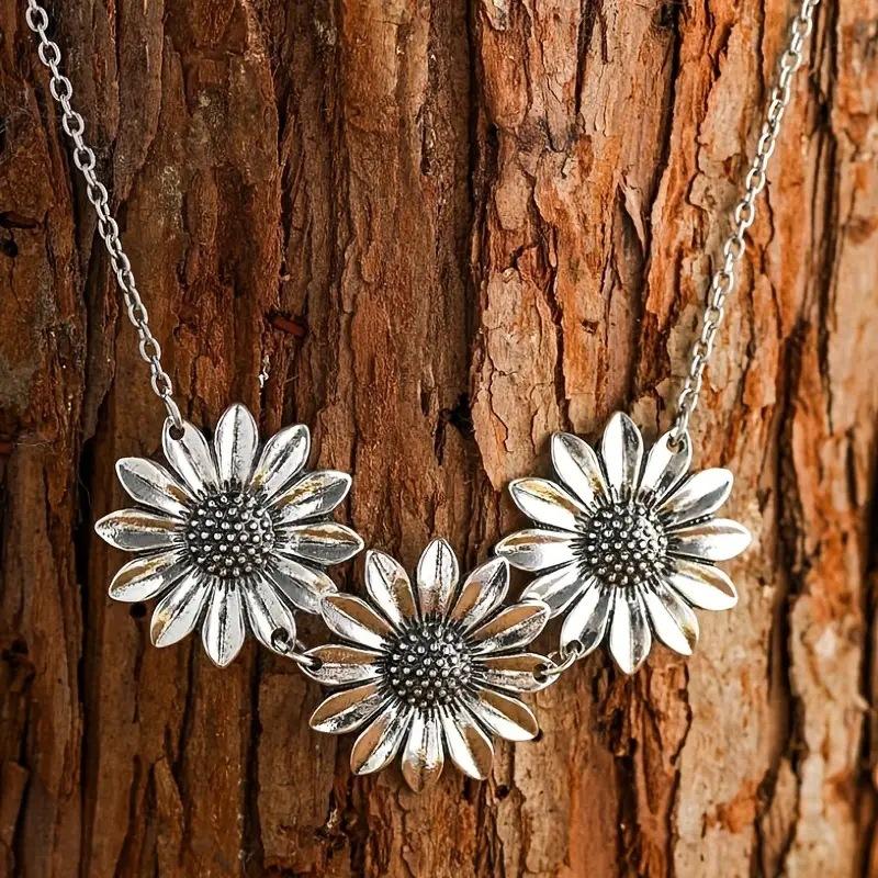 European and American Retro Style Three Sunflower Dangling Necklace Color Necklace 60CM