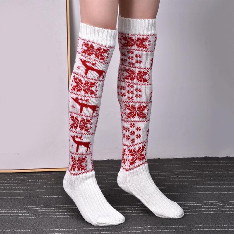 Christmas Festival Patterned Thigh High Socks Womens Winter Fashion Knitted Over Knee Long Stockings Leg Warmers Hosiery