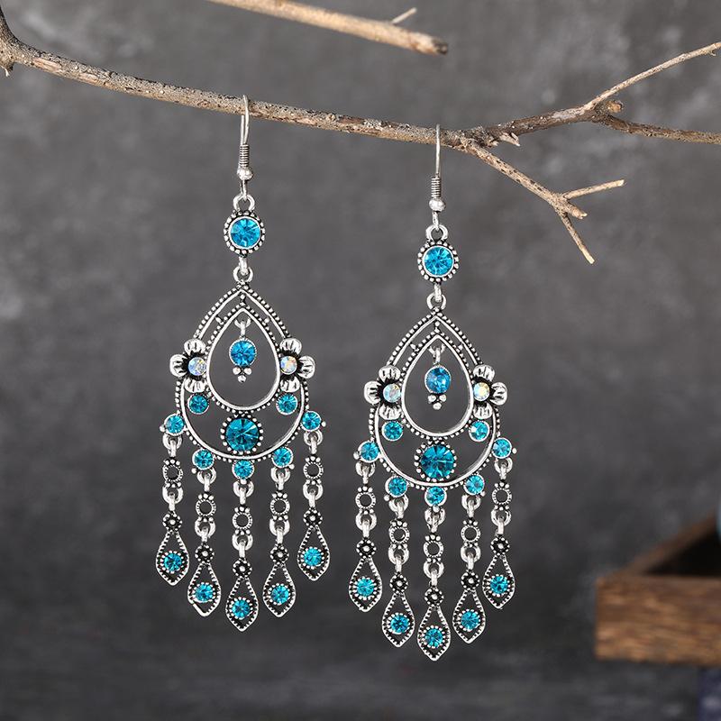 Bohemian Ethnisch Lang Blau Acryl Kristall Wassertropfen Ohrringe für Damen Retro Temperament Geometrisch Hängende Ohrringe Schmuck