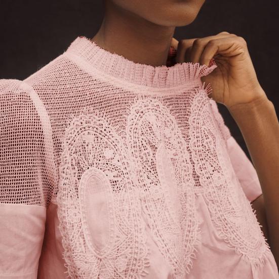 Women Tops Round Neck Short Sleeve Pure Color Pullover Tops Hollow Embroidery Mesh Yarn Loose Fit Casual Tops Daily Wear