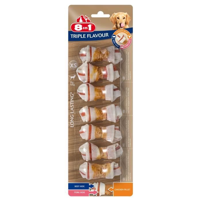 8in1 Triple Flavour Os à mâcher Premium XS aux Bœuf, Porc, Poulet - Pour chien de petite taille - 7 pièces