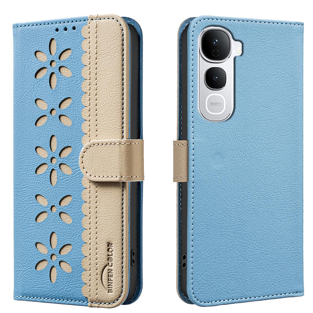 

Для vivo Y400 Pro 5G Кожаный чехол BINFEN COLOR BF36 Цветочный узор Чехол для телефона Кошелек с RFID-блокировкой Подставка Baby Blue