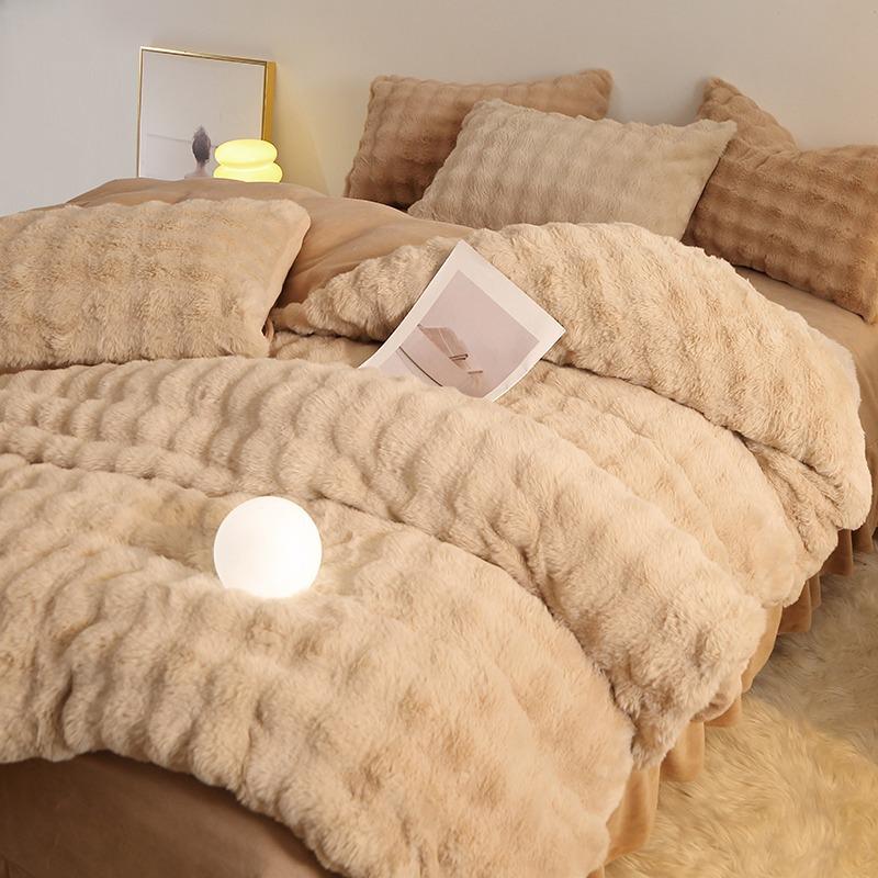 Light Luxury Rabbit Fleece Thickened Milk Fleece Four-Piece Set, Bed Sheet Quilt Cover Three-Piece Set, Bedding, Bed Hat Model