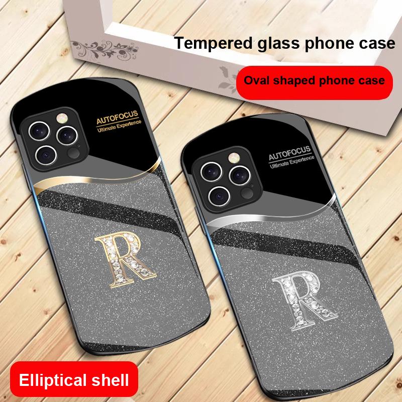 Two Tone Gradient R Letter For IPhone 16 Pro Max 15 Pro 14 13 12 Mini 11 XS Max XR 7 8 Plu SE 2022 Elliptical Glass Phone Case