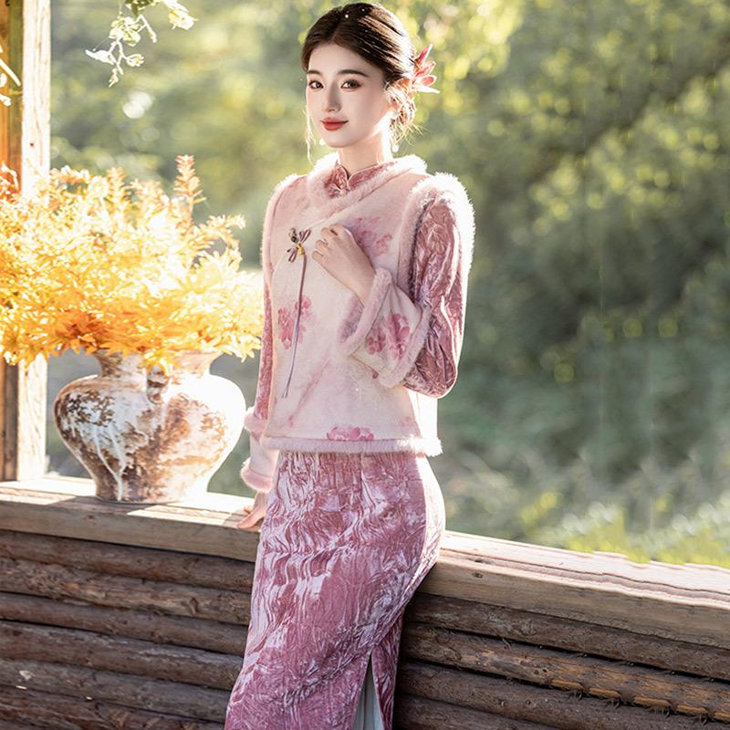 Fleece winter clothing national style new Chinese long-sleeved improved cheongsam winter thick vest two-piece women's New Year's clothing
