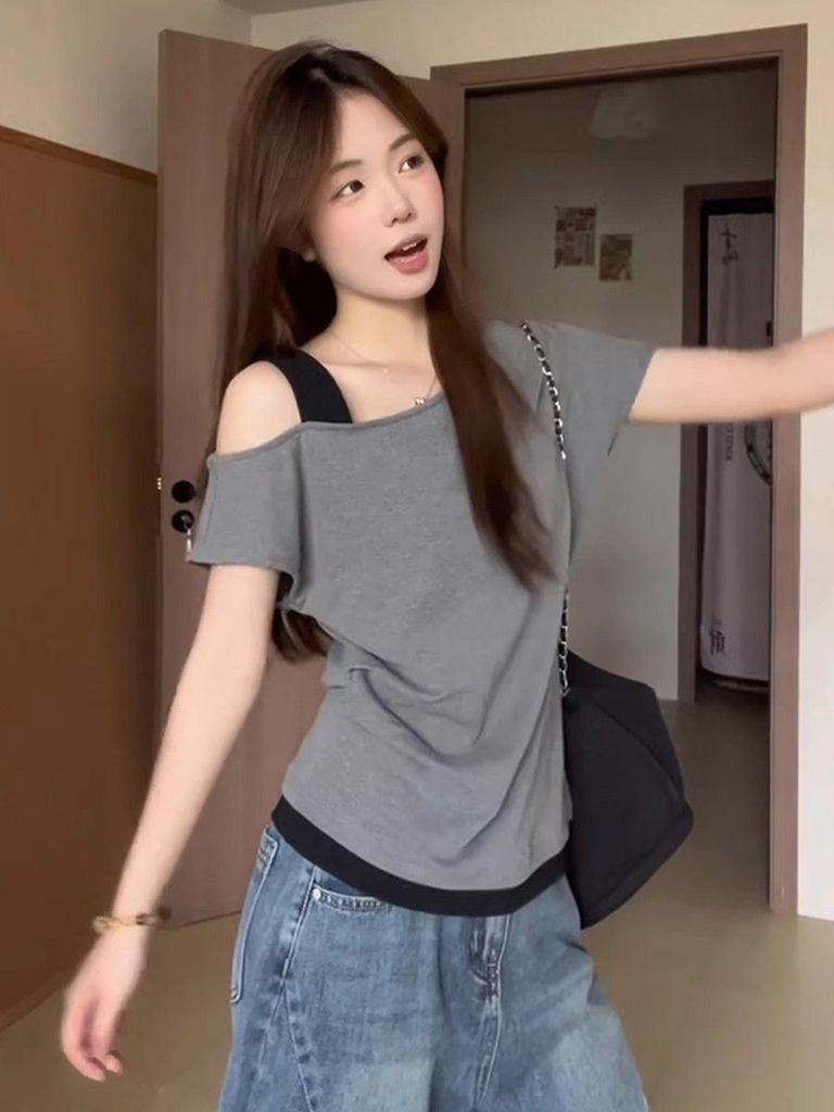 Korean Color Block Off-Shoulder Slimming Patchwork T-Shirt for Women