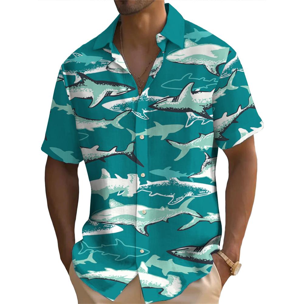 Hawaiian Shirt For Men Shark Pattern Short Sleeved Shirts Casual Men's Streetwear Summer New Loose Tops Oversized Original Shirt