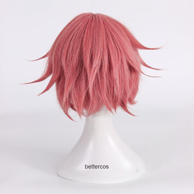 Doki Doki Literature Club Sayori Cosplay Perücke Kurz Pink Rot Hitzebeständiges Synthetikhaar Perücke + Perückenkappe + Schleifen-Haarnadel