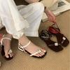 Summer New Vacation Wind Toe Beach Shoes~ Square Head Rhinestone Word with Low Heel Casual Open Toe Sandals Large Size