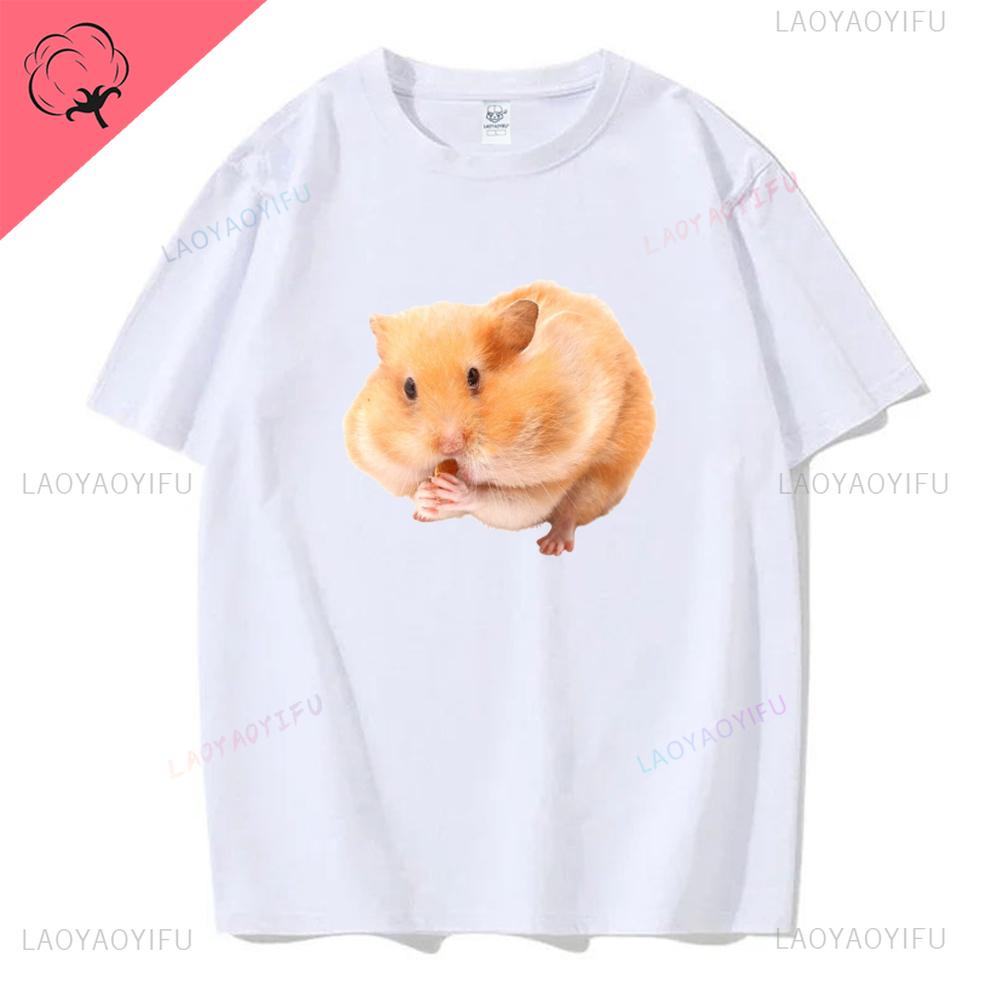 Hamster with A Mouth Full of Food Graphic T Shirts Women Kawaii Funny Cartoon Tshirt Casual High Quality Cotton Unisex Shortsleev