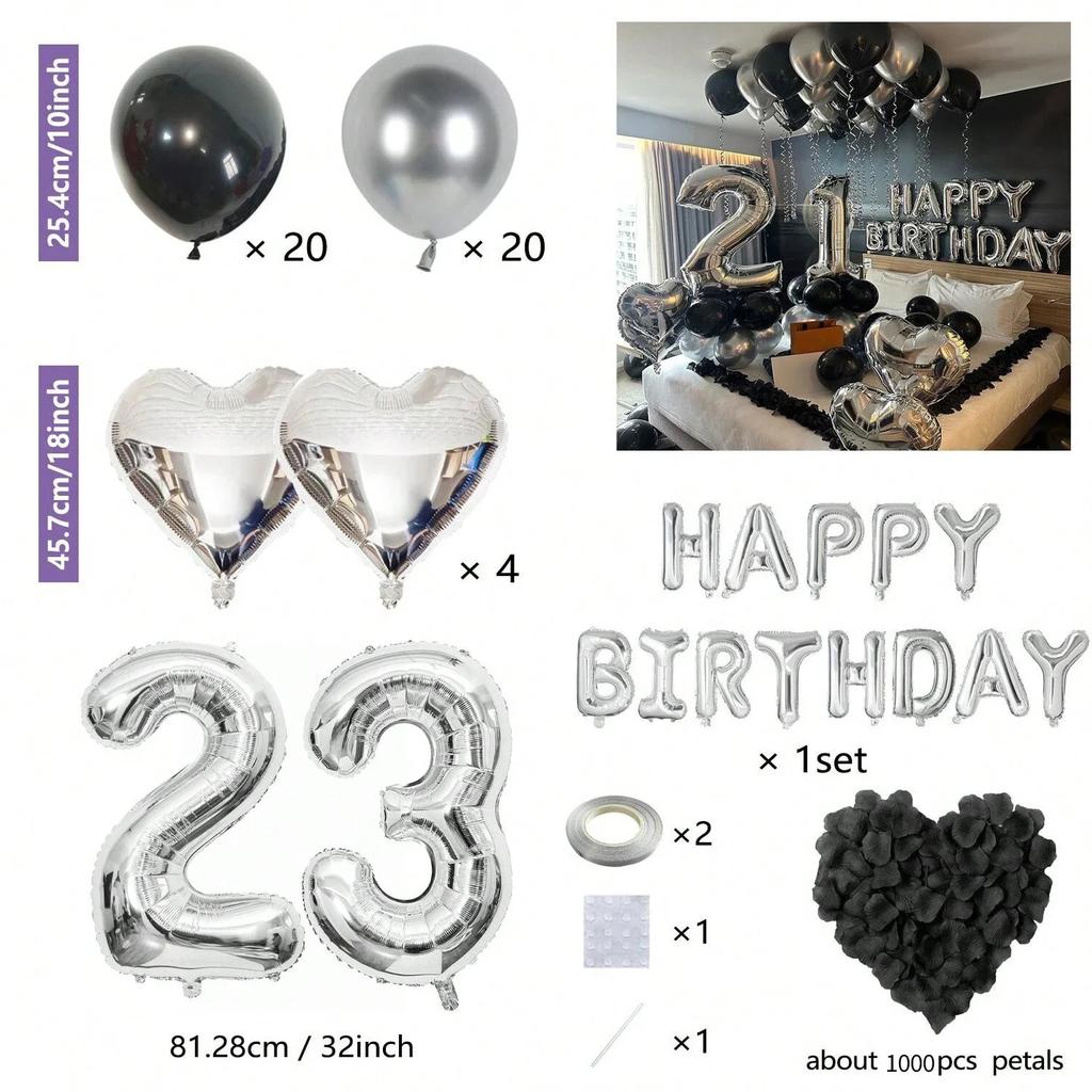 Black Silver Party Birthday Banner Heart-Shaped Aluminum Foil Balloon Rose Petals, Birthday, Anniversary, Atmosphere Decoration
